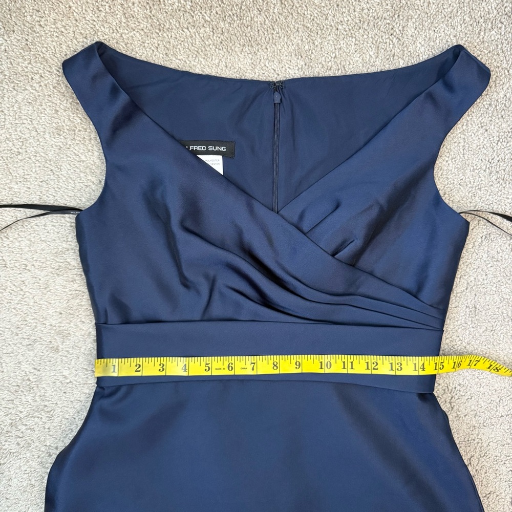 ALFRED SUNG Navy Blue Satin Off-Shoulder Maxi Dress - Picture 6 of 7